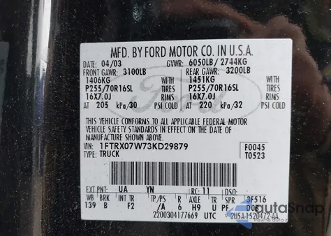 2003 Ford F-150 Lariat/Xl/Xlt из США, поврежденный, VIN 1FTRX07W73KD29879